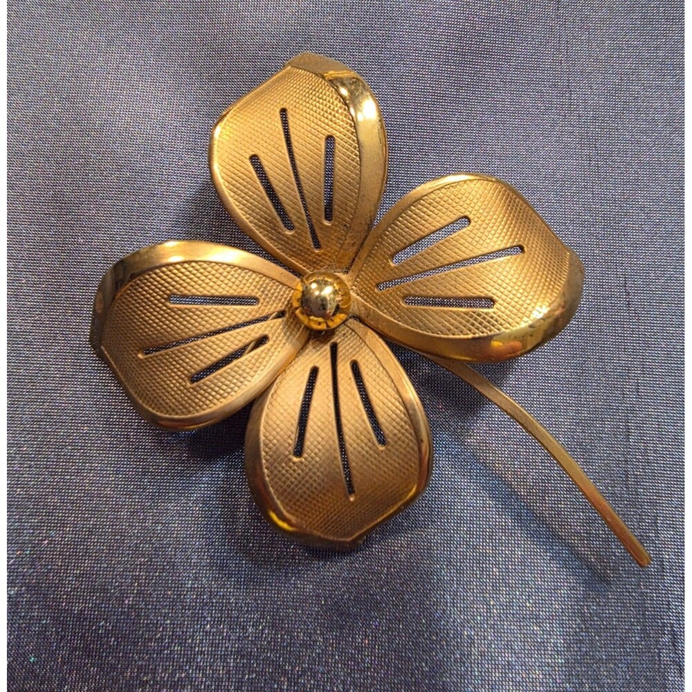Vintage Signed CoroCraft Gold Tone Four Petal Flower Brooch Mid Century